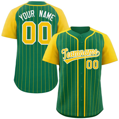 Custom Kelly Green Gold-White Stripe Fashion Raglan Sleeves Authentic Baseball Jersey