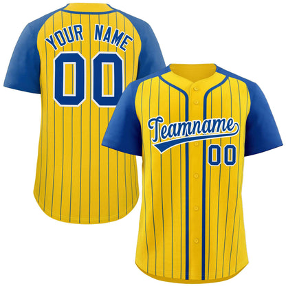 Custom Gold Royal-White Stripe Fashion Raglan Sleeves Authentic Baseball Jersey