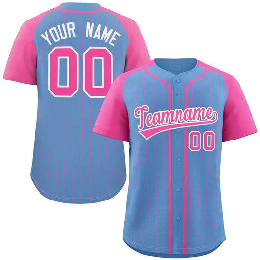 Custom Light Blue Pink-White Stripe Fashion Raglan Sleeves Authentic Baseball Jersey