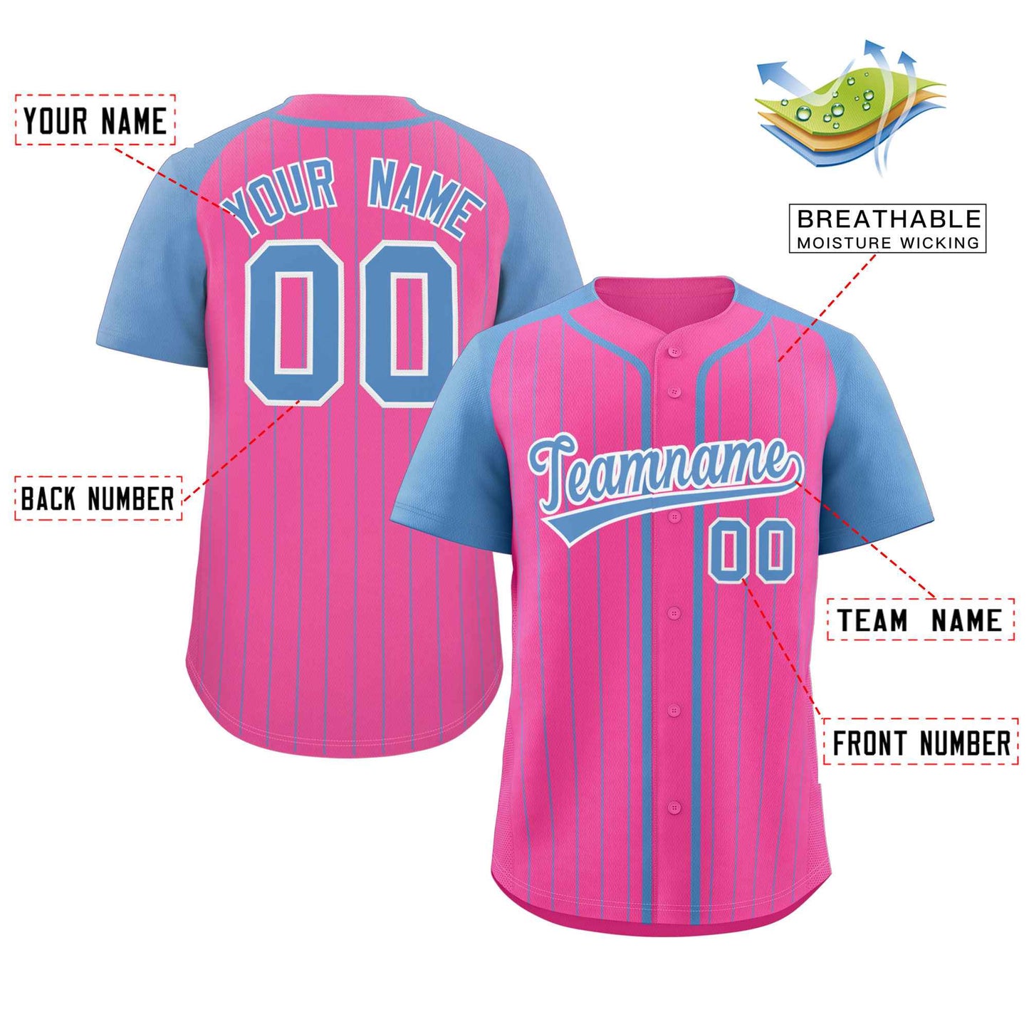 Custom Pink Light Blue-White Stripe Fashion Raglan Sleeves Authentic Baseball Jersey