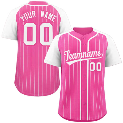 Custom Pink White Stripe Fashion Raglan Sleeves Authentic Baseball Jersey