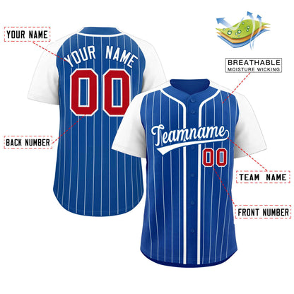 Custom Royal White Stripe Fashion Raglan Sleeves Authentic Baseball Jersey