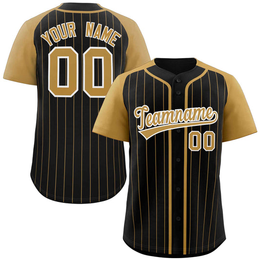 Custom Black Old Gold-White Stripe Fashion Raglan Sleeves Authentic Baseball Jersey