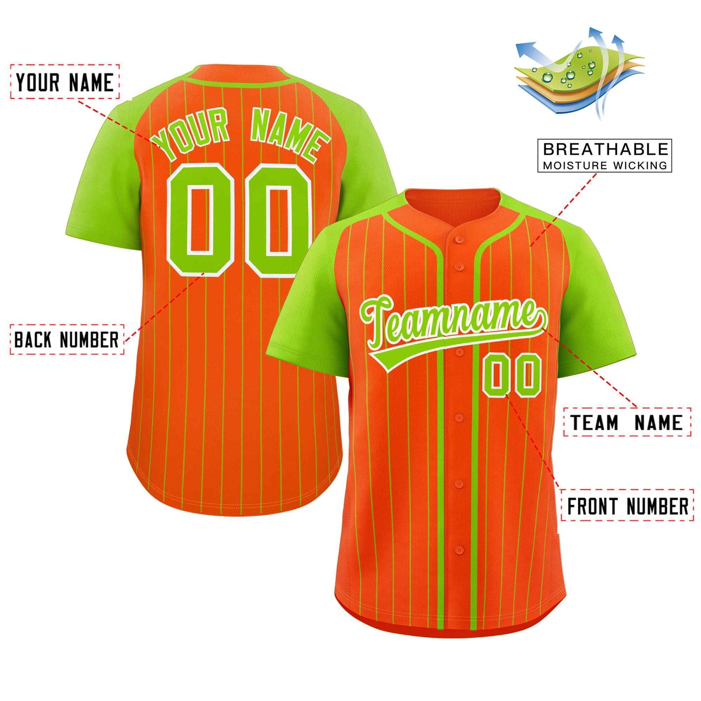 Custom Orange Neon Green-White Stripe Fashion Raglan Sleeves Authentic Baseball Jersey