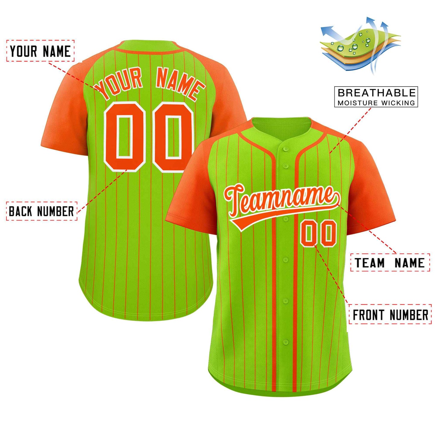 Custom Neon Green Orange-White Stripe Fashion Raglan Sleeves Authentic Baseball Jersey