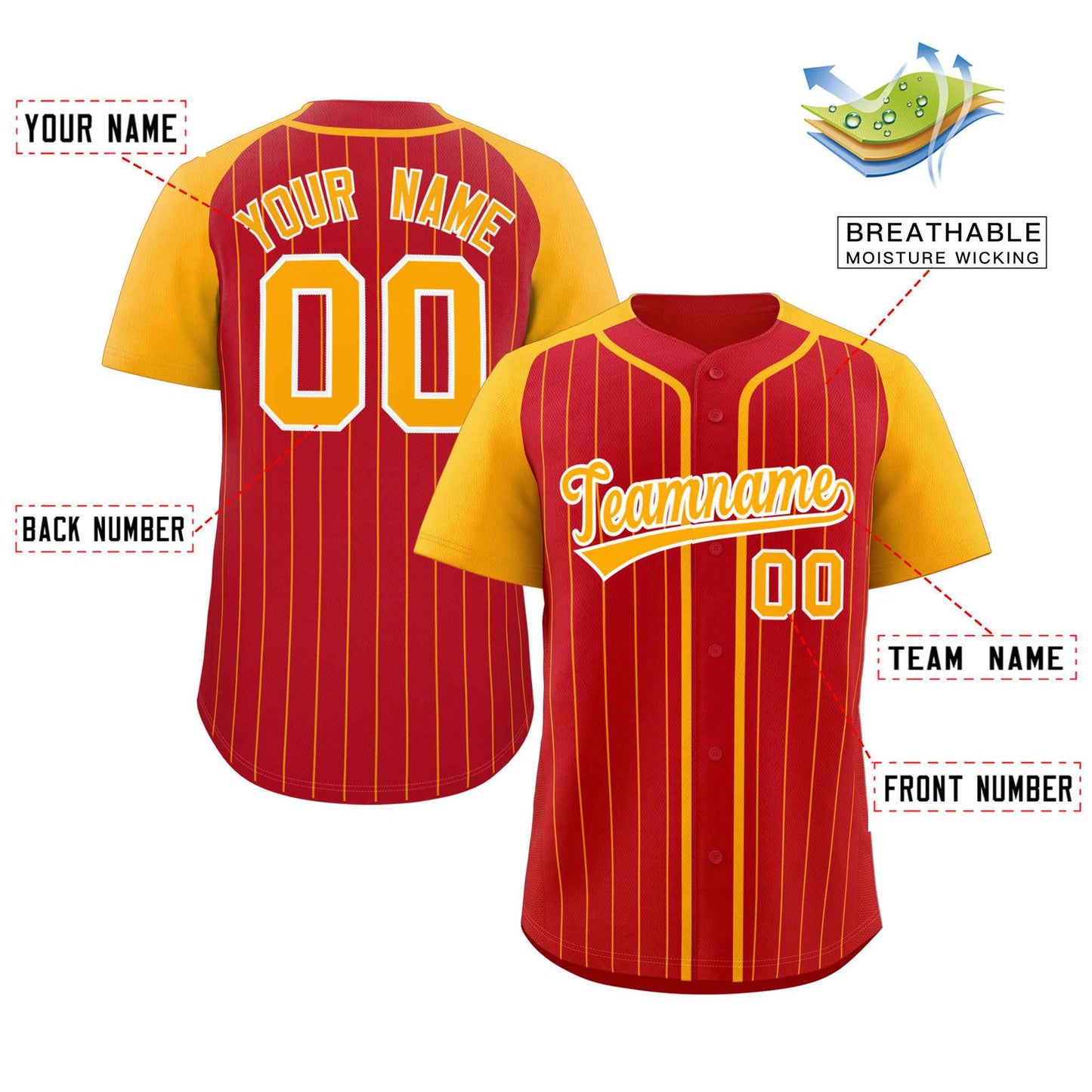 Custom Red Yellow-White Stripe Fashion Raglan Sleeves Authentic Baseball Jersey