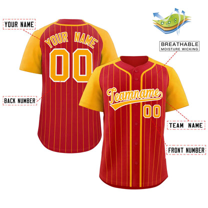 Custom Red Yellow-White Stripe Fashion Raglan Sleeves Authentic Baseball Jersey