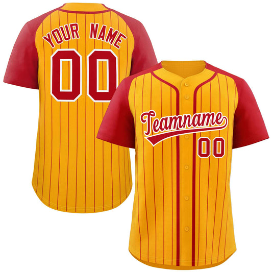 Custom Yellow Red-White Stripe Fashion Raglan Sleeves Authentic Baseball Jersey