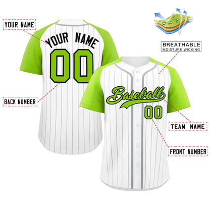 Custom White Neon Green-Black Stripe Fashion Raglan Sleeves Authentic Baseball Jersey