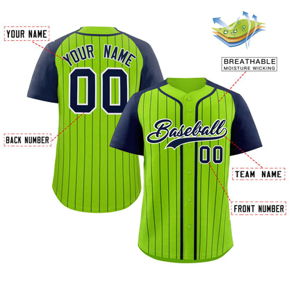 Custom Neon Green Navy-White Stripe Fashion Raglan Sleeves Authentic Baseball Jersey