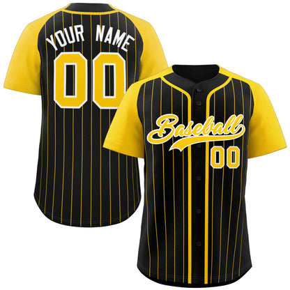 Custom Black Gold-White Stripe Fashion Raglan Sleeves Authentic Baseball Jersey