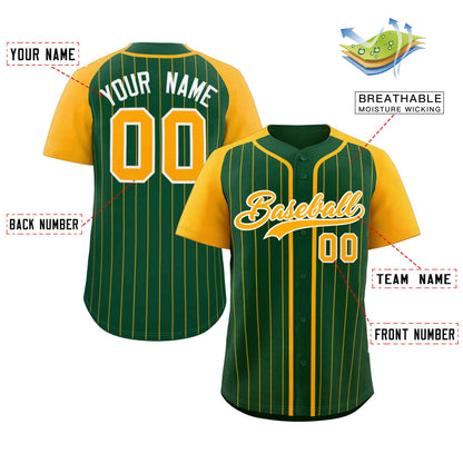 Custom Green Yellow-White Stripe Fashion Raglan Sleeves Authentic Baseball Jersey