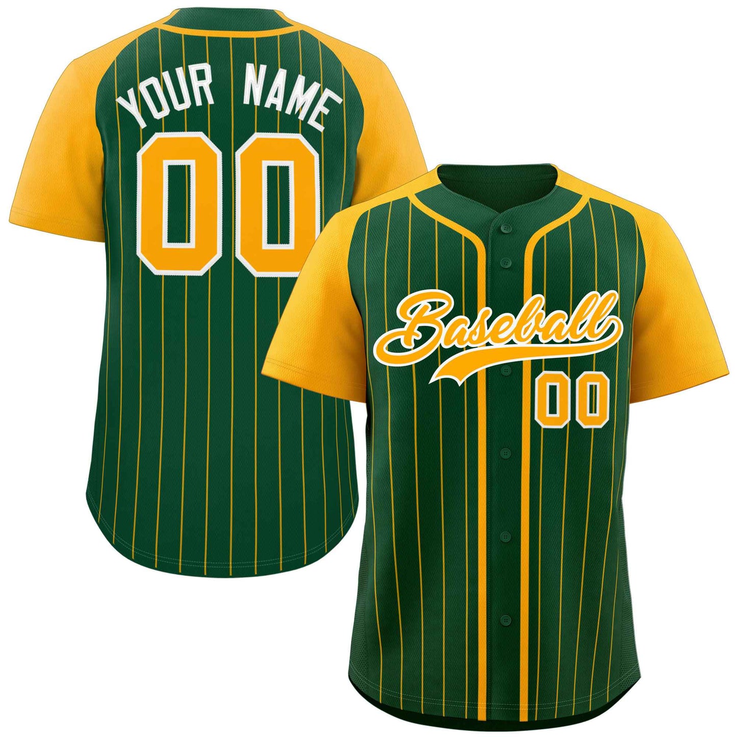 Custom Green Yellow-White Stripe Fashion Raglan Sleeves Authentic Baseball Jersey