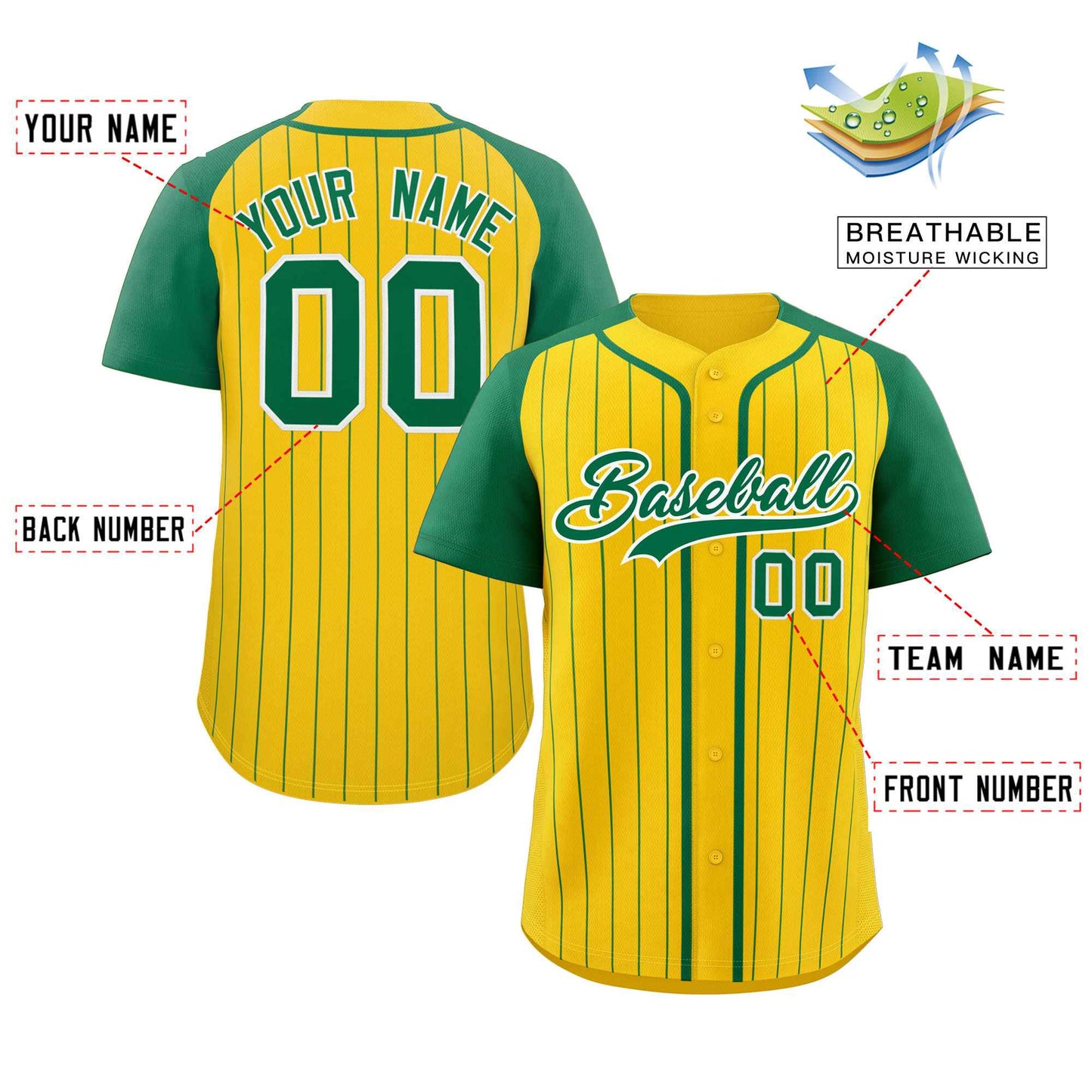 Custom Gold Kelly-Green White Stripe Fashion Raglan Sleeves Authentic Baseball Jersey