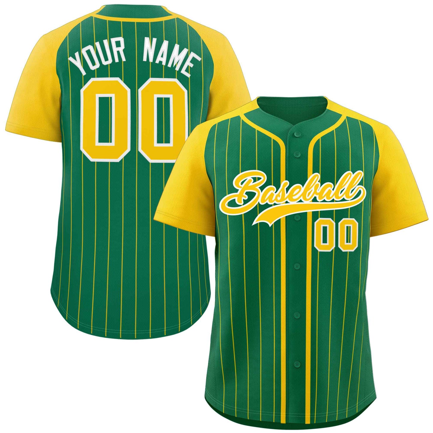 Custom Kelly Green Gold-White Stripe Fashion Raglan Sleeves Authentic Baseball Jersey