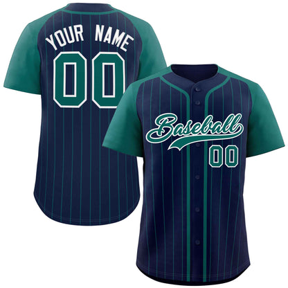 Custom Navy Aqua-White Stripe Fashion Raglan Sleeves Authentic Baseball Jersey