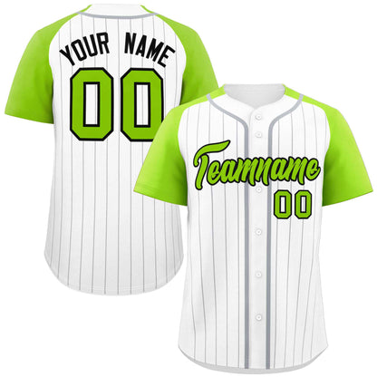 Custom White Neon Green-Black Stripe Fashion Raglan Sleeves Authentic Baseball Jersey