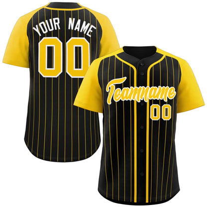 Custom Black Gold-White Stripe Fashion Raglan Sleeves Authentic Baseball Jersey