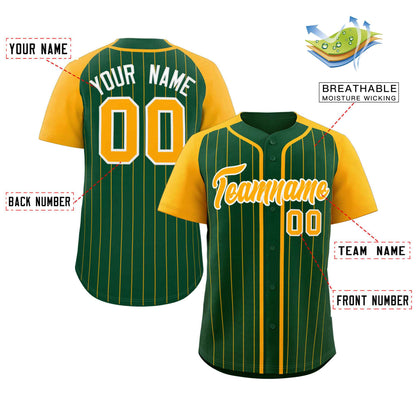 Custom Green Yellow-White Stripe Fashion Raglan Sleeves Authentic Baseball Jersey