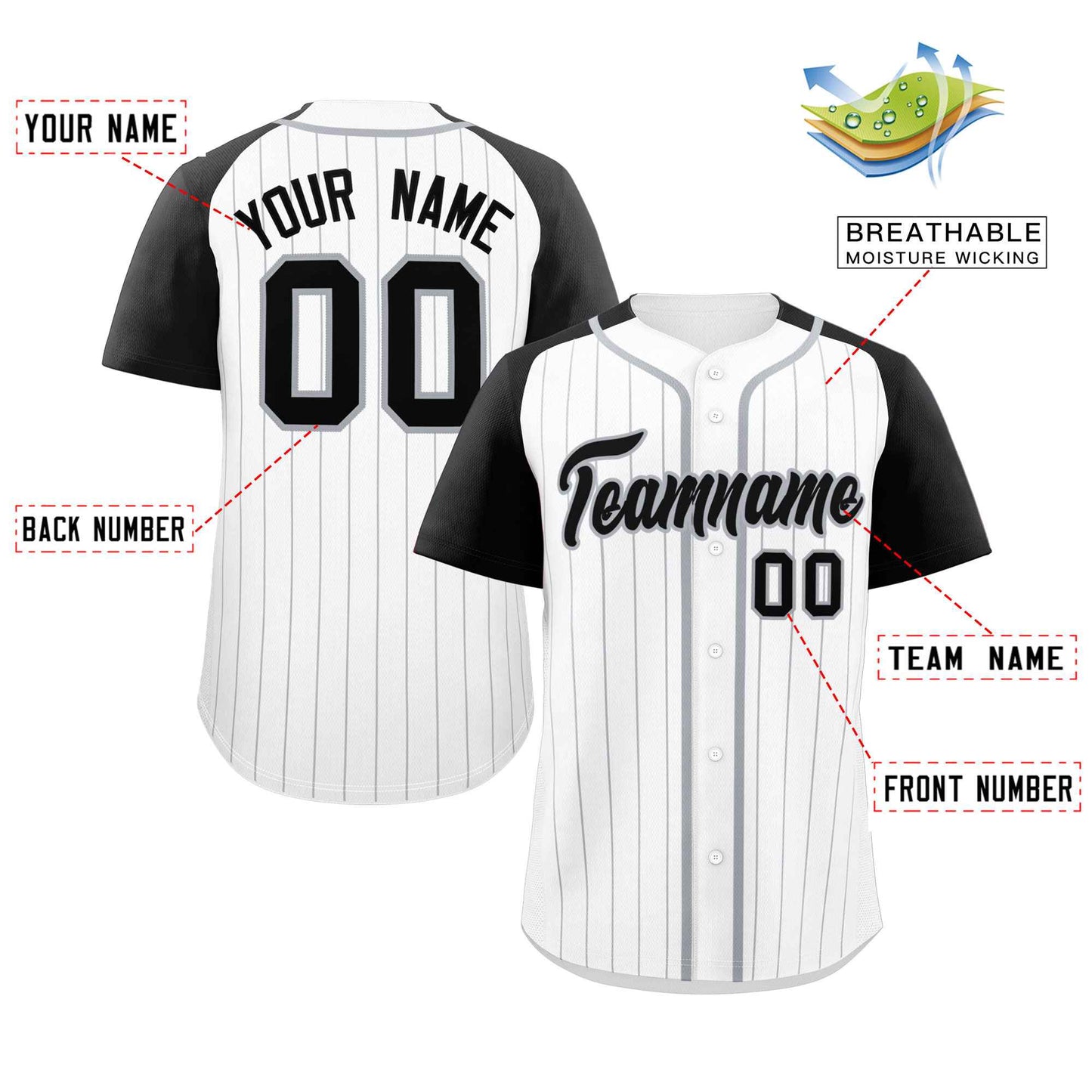 Custom White Black-Gray Stripe Fashion Raglan Sleeves Authentic Baseball Jersey