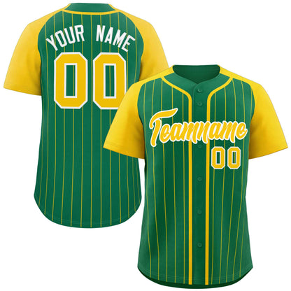 Custom Kelly Green Gold-White Stripe Fashion Raglan Sleeves Authentic Baseball Jersey