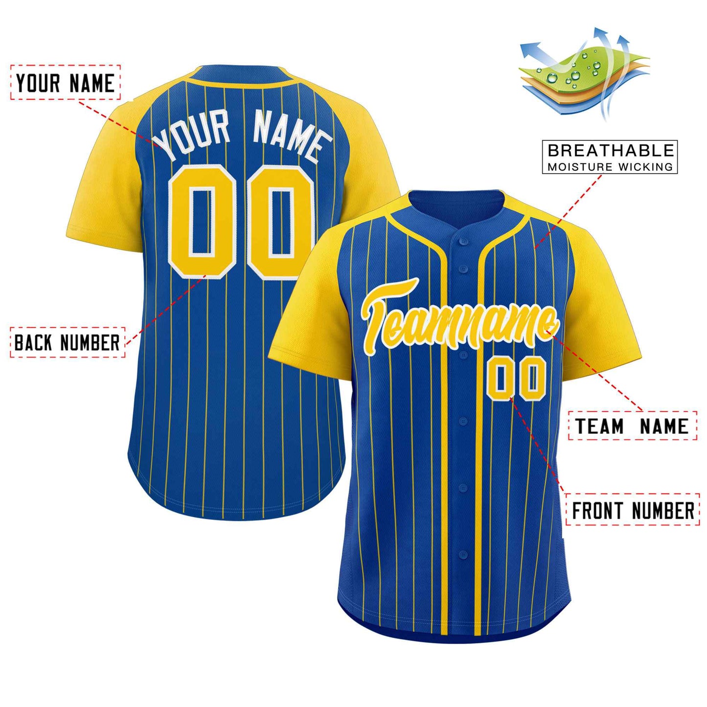 Custom Royal Gold-White Stripe Fashion Raglan Sleeves Authentic Baseball Jersey