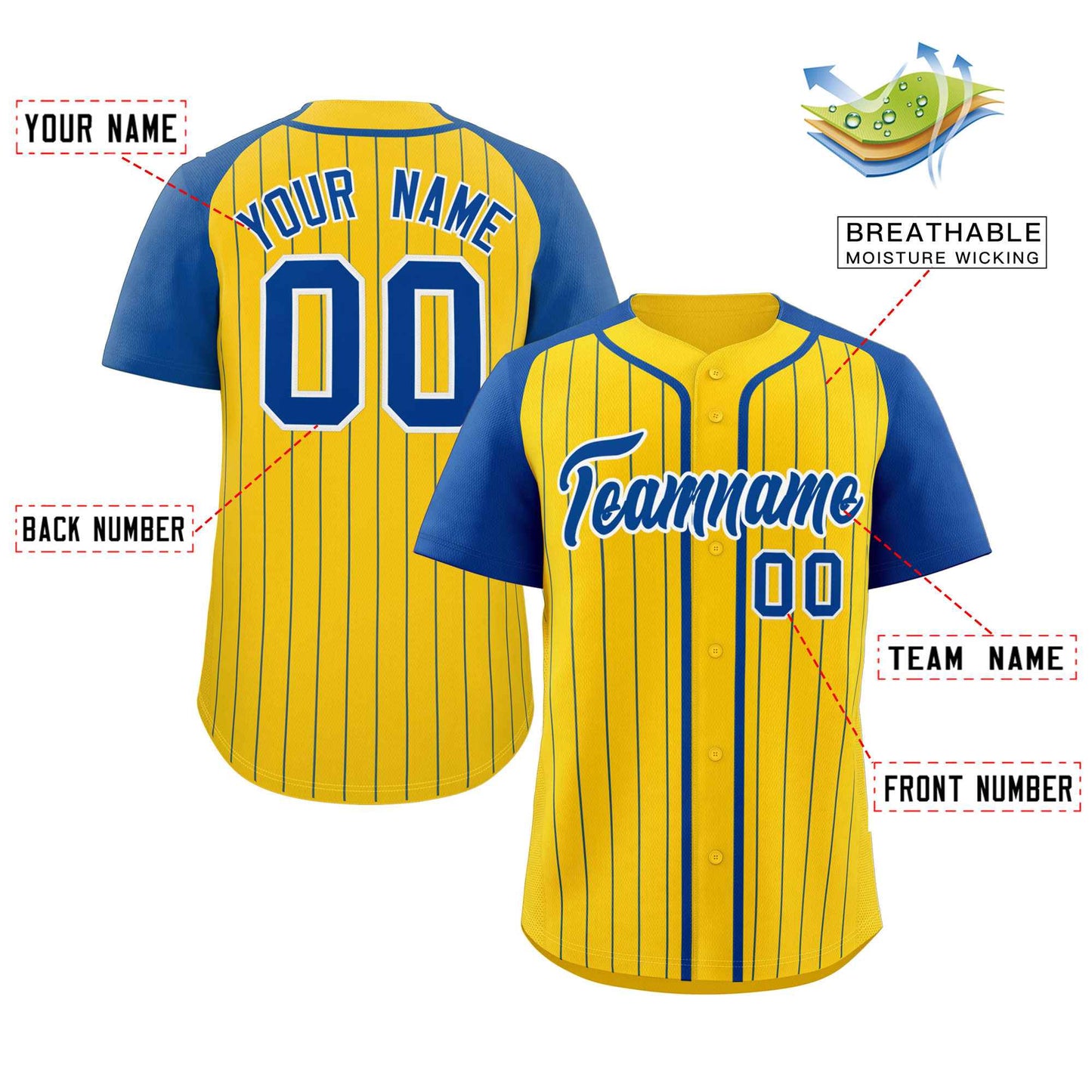 Custom Gold Royal-White Stripe Fashion Raglan Sleeves Authentic Baseball Jersey