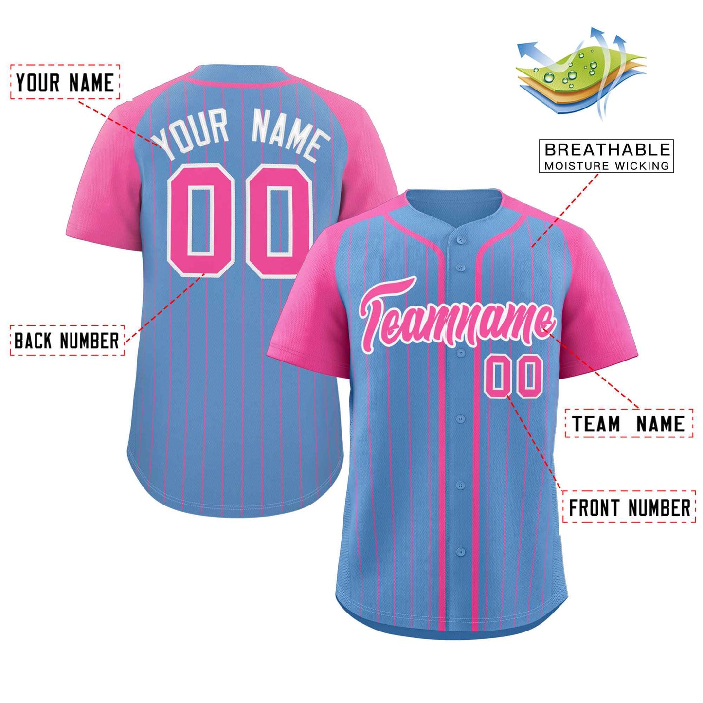 Custom Light Blue Pink-White Stripe Fashion Raglan Sleeves Authentic Baseball Jersey