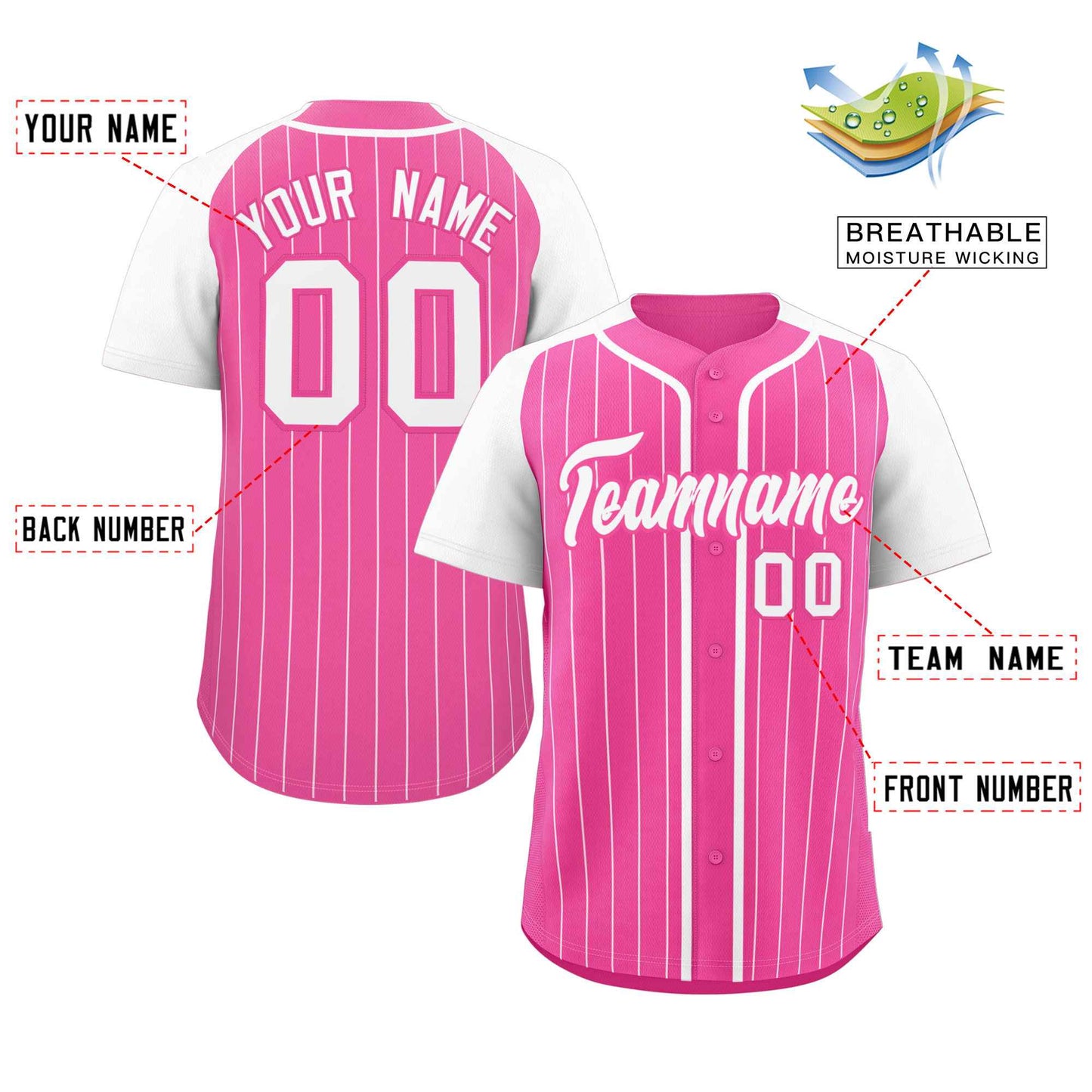 Custom Pink White Stripe Fashion Raglan Sleeves Authentic Baseball Jersey