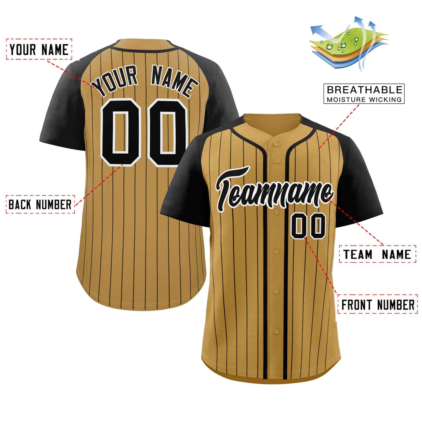 Custom Old Gold Black-White Stripe Fashion Raglan Sleeves Authentic Baseball Jersey