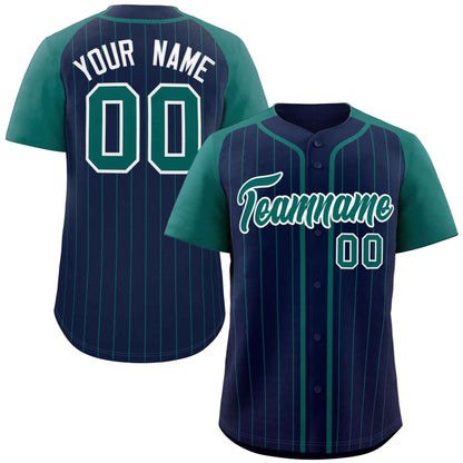 Custom Navy Aqua-White Stripe Fashion Raglan Sleeves Authentic Baseball Jersey