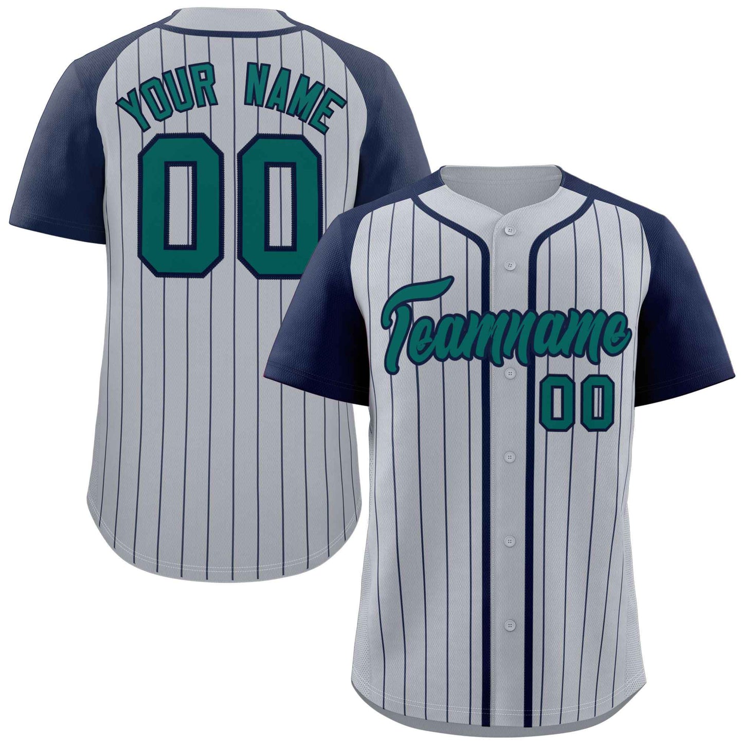 Custom Gray Aqua-Navy Stripe Fashion Raglan Sleeves Authentic Baseball Jersey