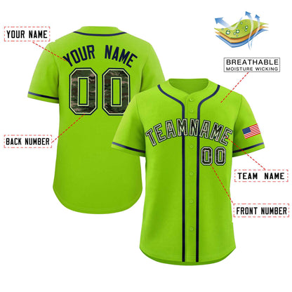 Custom Neon Green Personalized Camo Font Authentic Baseball Jersey