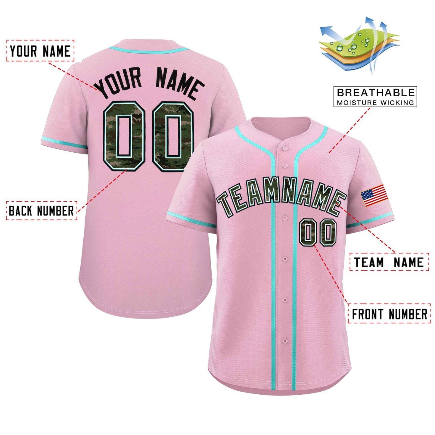 Custom Light Pink Personalized Camo Font Authentic Baseball Jersey