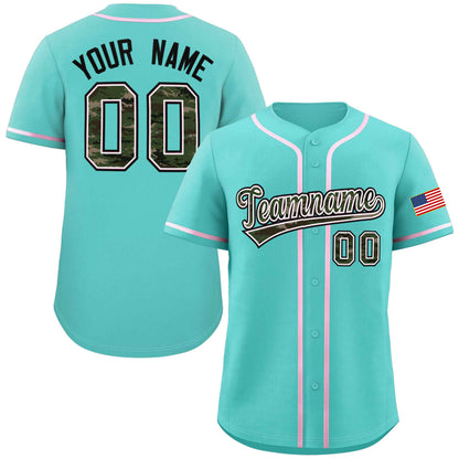 Custom Aqua Personalized Camo Font Authentic Baseball Jersey