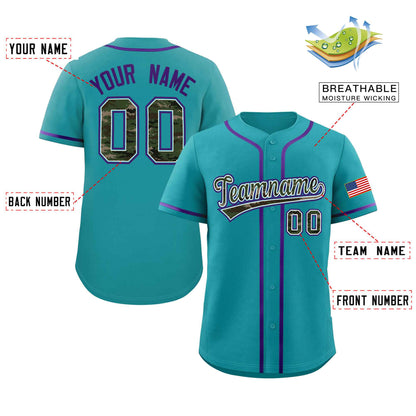 Custom Teal Personalized Camo Font Authentic Baseball Jersey