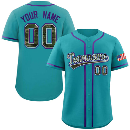 Custom Teal Personalized Camo Font Authentic Baseball Jersey