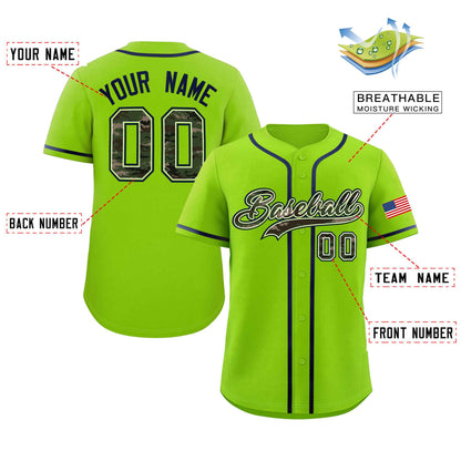 Custom Neon Green Personalized Camo Font Authentic Baseball Jersey