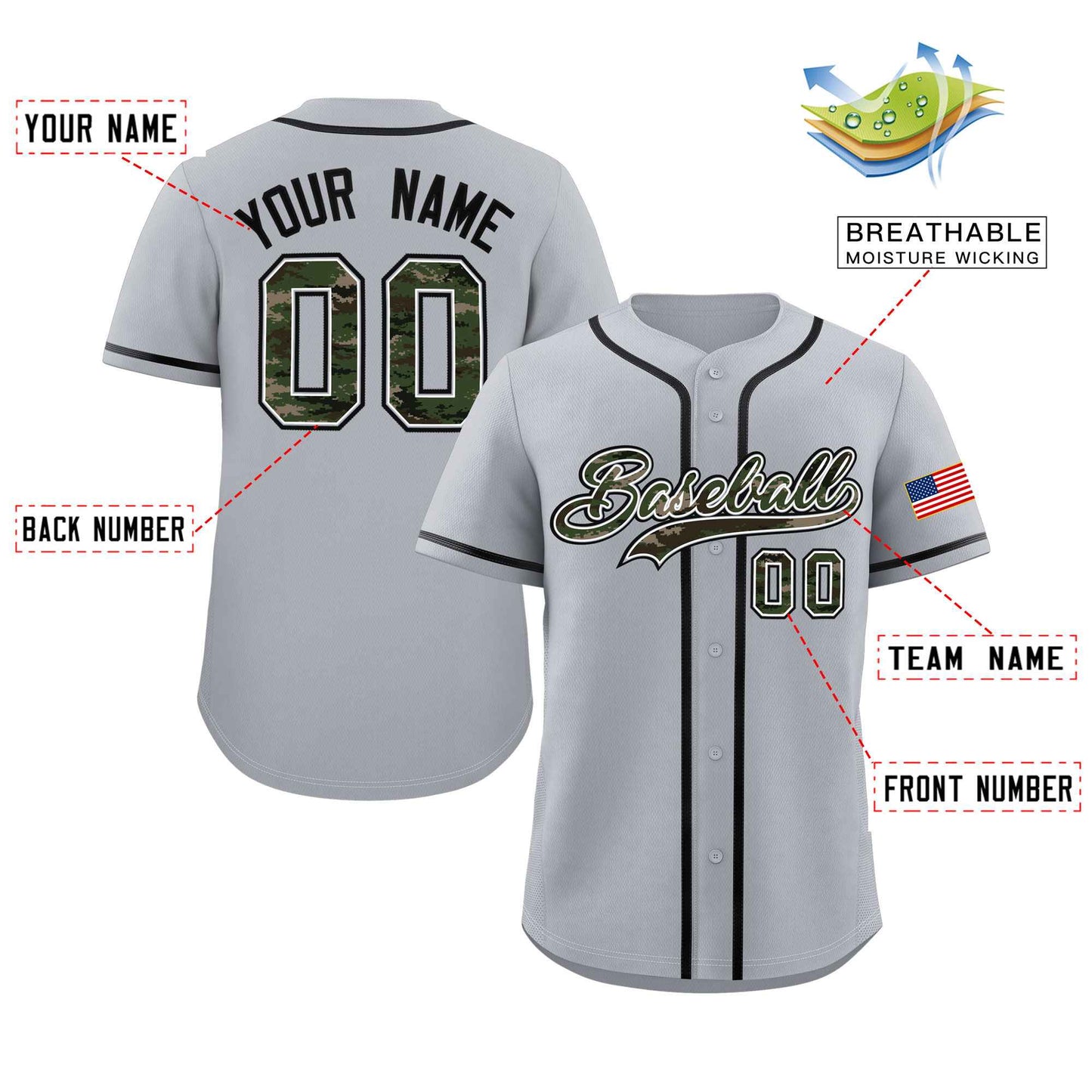 Custom Gray Personalized Camo Font Authentic Baseball Jersey