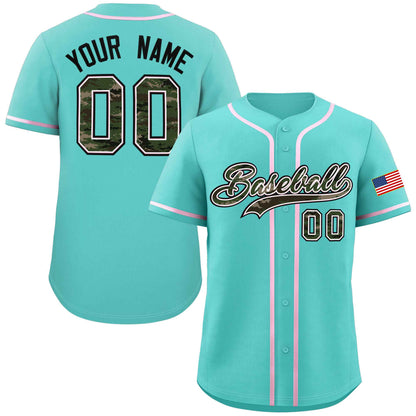 Custom Aqua Personalized Camo Font Authentic Baseball Jersey