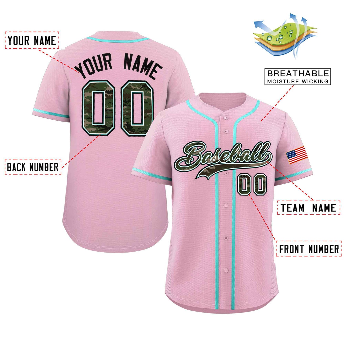 Custom Light Pink Personalized Camo Font Authentic Baseball Jersey