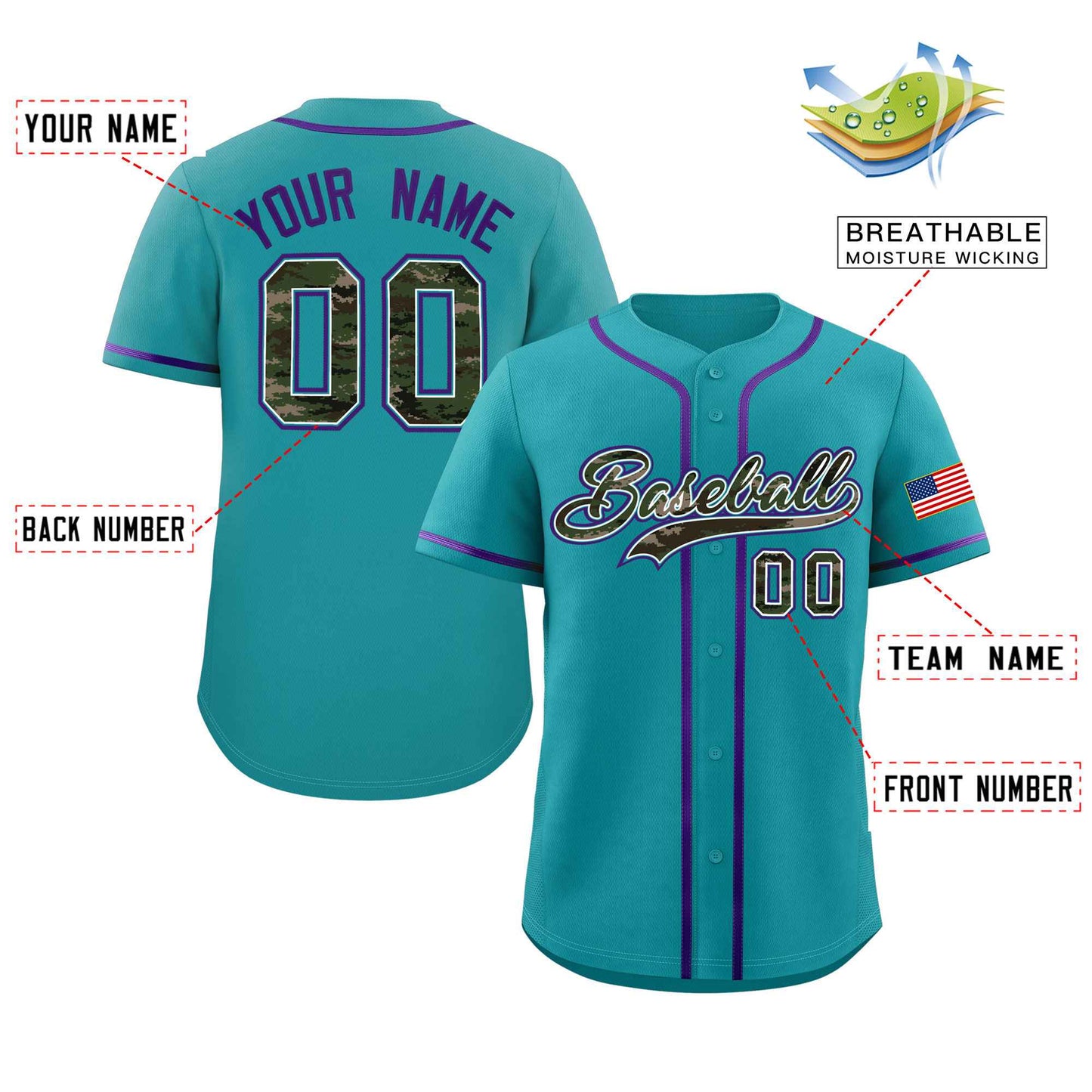 Custom Teal Personalized Camo Font Authentic Baseball Jersey