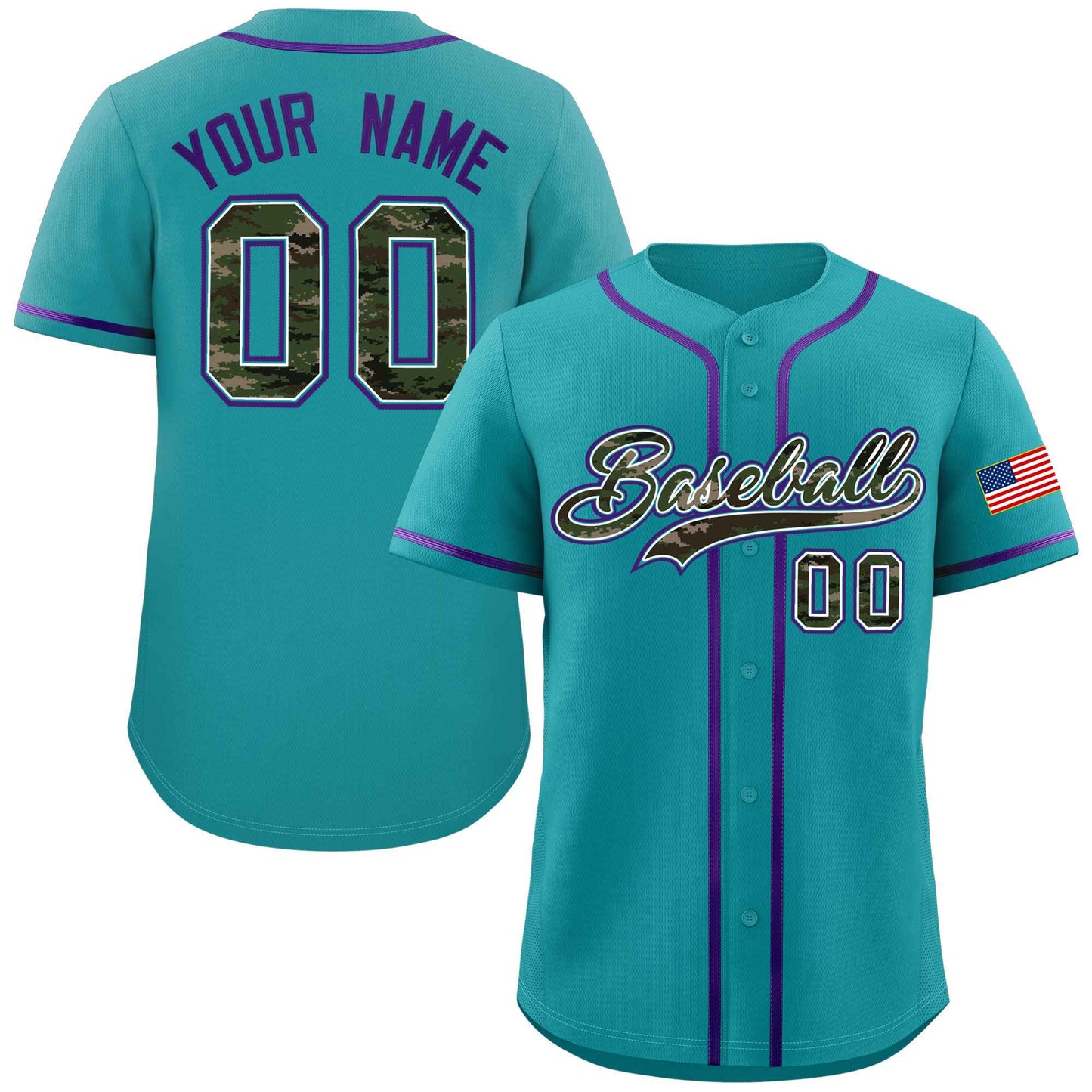 Custom Teal Personalized Camo Font Authentic Baseball Jersey