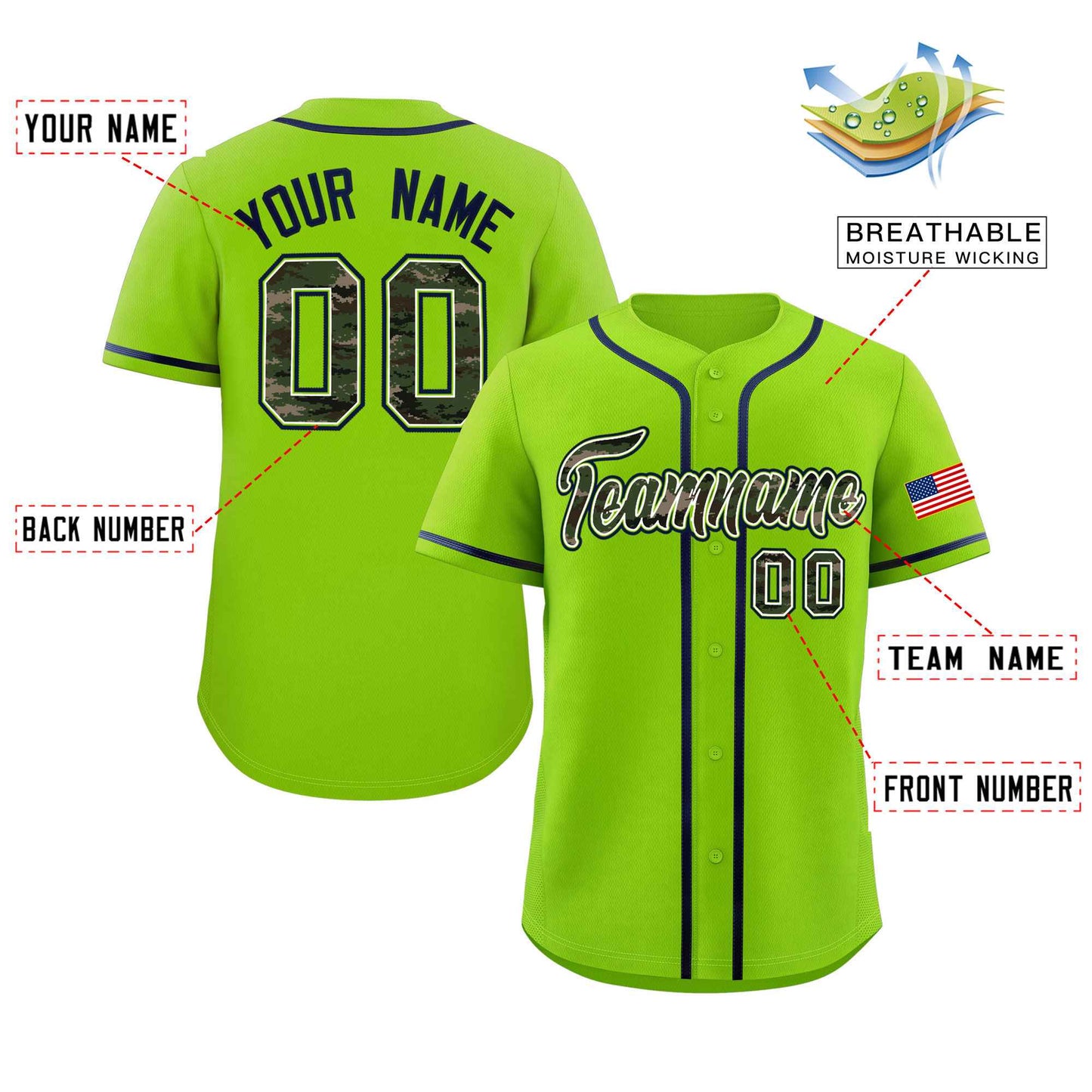 Custom Neon Green Personalized Camo Font Authentic Baseball Jersey