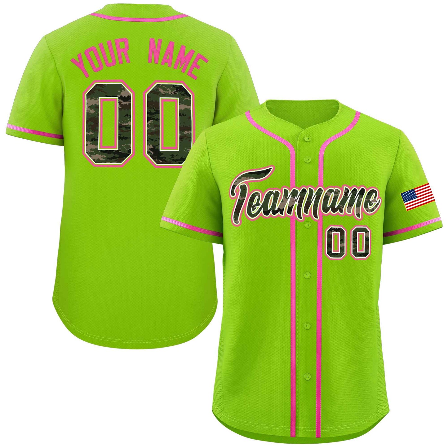 Custom Neon Green Personalized Camo Font Authentic Baseball Jersey