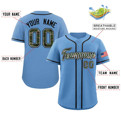 Custom Light Blue Personalized Camo Font Authentic Baseball Jersey