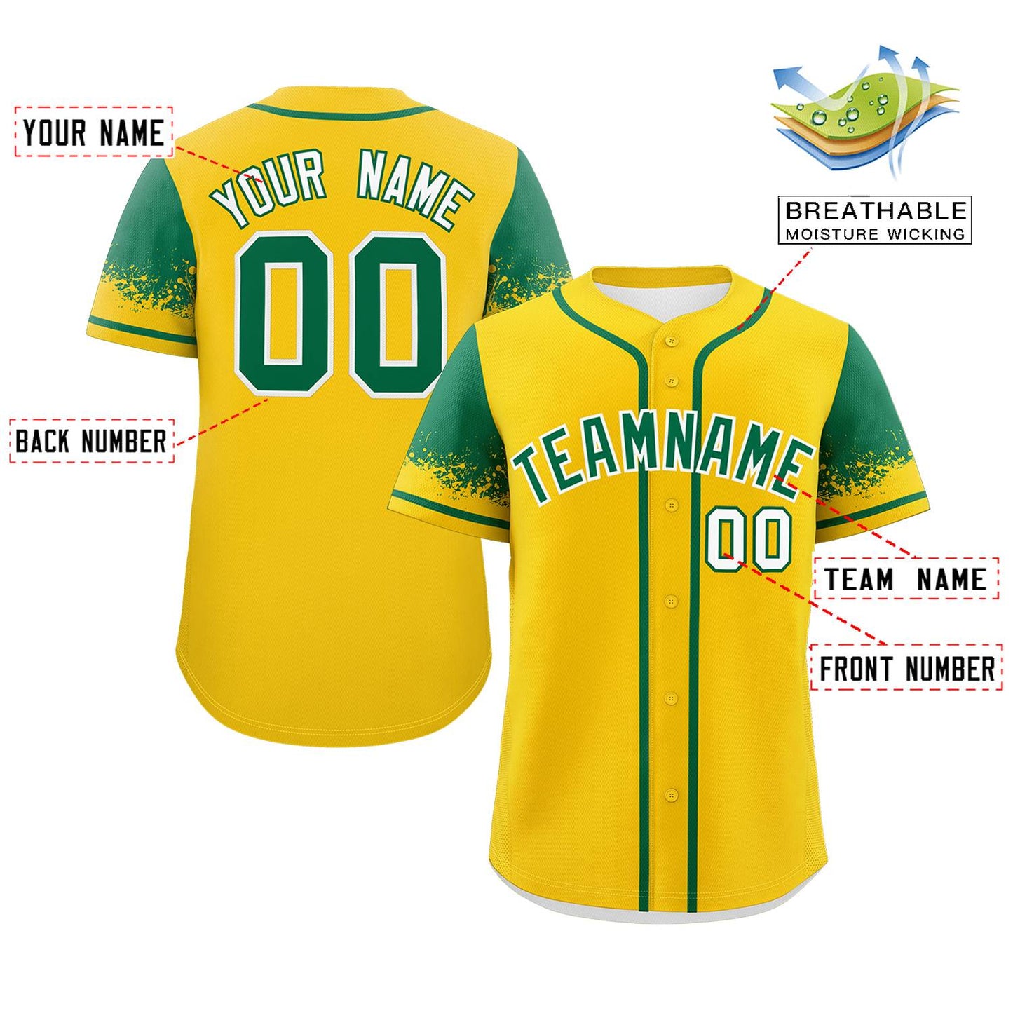 Custom Gold Kelly Green Personalized Raglan Sleeves Design Authentic Baseball Jersey