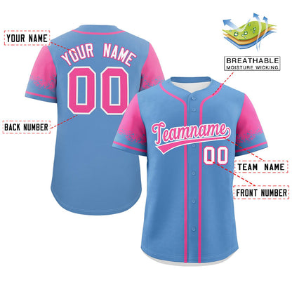 Custom Light Blue Pink Personalized Raglan Sleeves Design Authentic Baseball Jersey