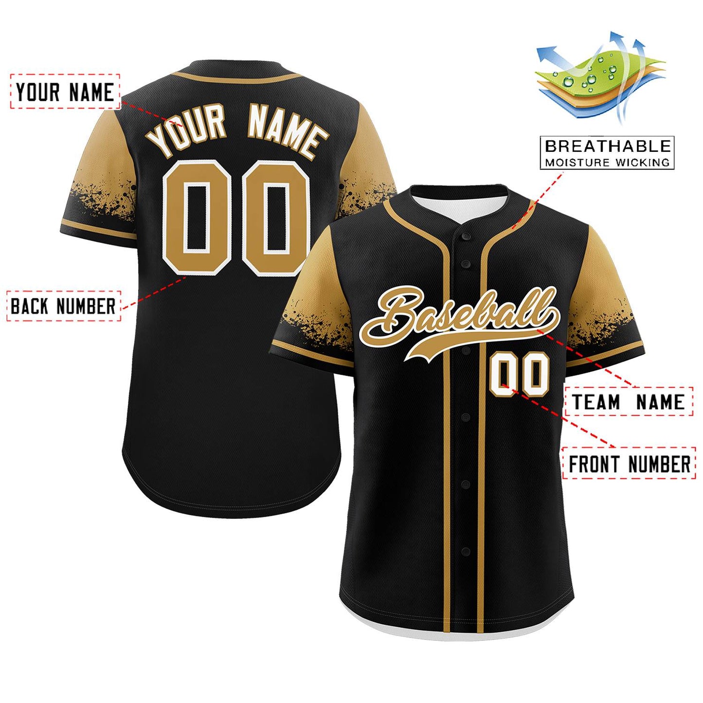 Custom Black Old Gold Personalized Raglan Sleeves Design Authentic Baseball Jersey