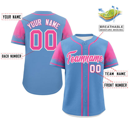 Custom Light Blue Pink Personalized Raglan Sleeves Design Authentic Baseball Jersey